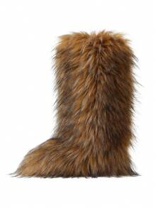 Faux Fur Winter Boots For Women Knee High Fluffy Long Fuzzy Flat Heel Boots For Girls Outdoor Tall Furry Shoes Warm Thigh High For Halloween Christmas Party - 棕色 - 查看 7