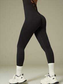 UONNOU 1pc Women's Sleeveless Backless Jumpsuit, Sports Bodysuit, Yoga Outfit, Casual Wear, Peach Hip Lifting, Waist Slimming, Full Body Shaping, Seamless Knit Soft Fabric, Tight Fit Sports Jumpsuit, Suitable For Outdoor Sports, Yoga, Running, Casual Daily Wear, Commute, Party, All Season, Spring/Summer - Dark Grey - View 9