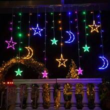 Solar LED Curtain String Lights, 8 Modes, Internet Famous Romantic Hanging Star Moon Fairy Lights, Muslim Prayer, Decoration For Ramadan And Eid Al Fitr, Islamic Decoration, Suitable For Courtyard, Outdoor Camping, Birthday Parties, Terrace Garden Festival Decoration