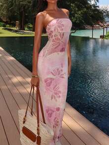魅力优雅性感印花露背连衣裙，沙滩裙，女士度假连衣裙 - 粉色 - 查看 2
