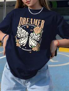 Tween Girls' Casual Pink Graphic Print Crew Neck Short Sleeve T-Shirt, Summer Top - Navy Blue - View 7