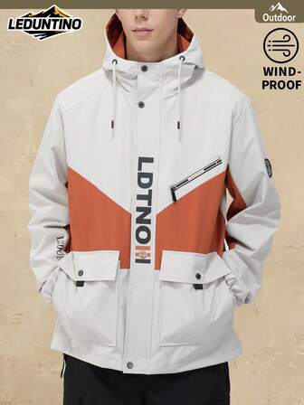 LEDUNTINO Men's Fashion Zip-Up Casual Outdoor Jacket, Sports, Splice, Husband, Boyfriend Gift, Men's Spring Autumn Thin Jacket Coat, Detachable Hood, Letter Print Jacket Spring Fall Tops