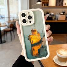 Cubierta de telefono con borde negro y diseño de barco amarillo en agua reflejante para uso diario en cafeterias y espacios urbanos,Aplicable a los teléfonos de la serie Apple y Galaxy - Blanco - Ver 2