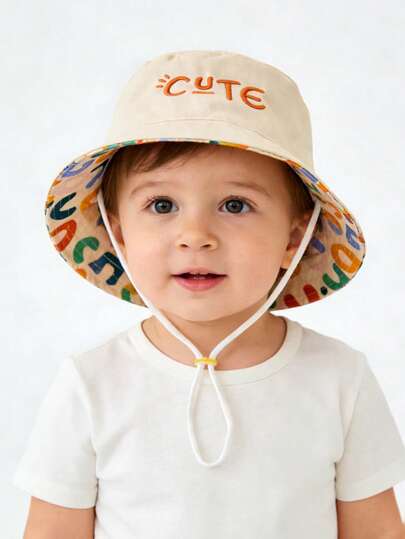 1pc Kids Reversible Bucket Hat, CUTE Embroidered Dual Pattern, Adjustable Drawstring Design, Sun Protection Hat For Spring/Summer, Suitable For Outdoor & Playtime