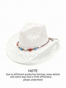 Swim Chiccia 1 件男女通用宝石装饰西部牛仔帽镂空印花草帽春夏旅行阳光沙滩帽休闲遮阳帽（收到产品后，如果帽檐变形，需要手动调整回去） - 西部牛仔禮帽 - 查看 33