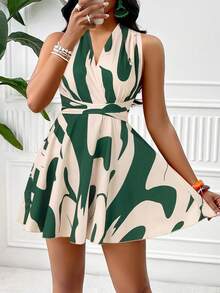 Sleeveless Backless V-Neck Dress (Random Pattern) For Leisure Vacation - Green - View 6