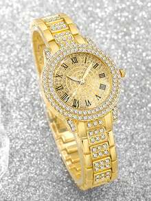 6件套优雅奢华女士石英手表套装，女士黄金配饰和珠宝套装，包括一款镶满水钻的罗马数字表盘金属表带石英手表、一条水滴形金手链、以及配套的水滴形项链和耳环。 - 金色 - 查看 2