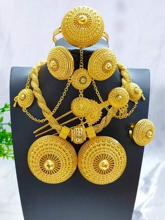 Juego de joyería de 6 piezas chapado en oro con rhinestones roondos rojos - Collar, Pulsera, Anillo, Aretes, Pinza para el cabello, Adecuado para bodas, fiestas, Navidad, Año Nuevo, Día de San Valentín, Cumpleaños - Gran regalo para mamá, novia, hermana