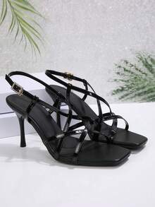Mẫu sandal cao gót mũi vuông, quai chéo thanh lịch, kiểu dáng mới nhất mùa hè dành cho nữ, phù hợp cho hẹn hò và đi làm. - màu đen - Xem 5