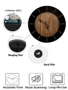 1pc 10-Inch/12-Inch Silent Vintage Wooden Wall Clock - Battery Powered, Round Decorative Clock Suitable For Living Room, Bedroom, Office - Multicolor - View 3