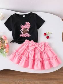 女婴甜美芭蕾舞爱心印花短袖上衣和荷叶边裙套装，春夏款 - 黑色 - 查看 2