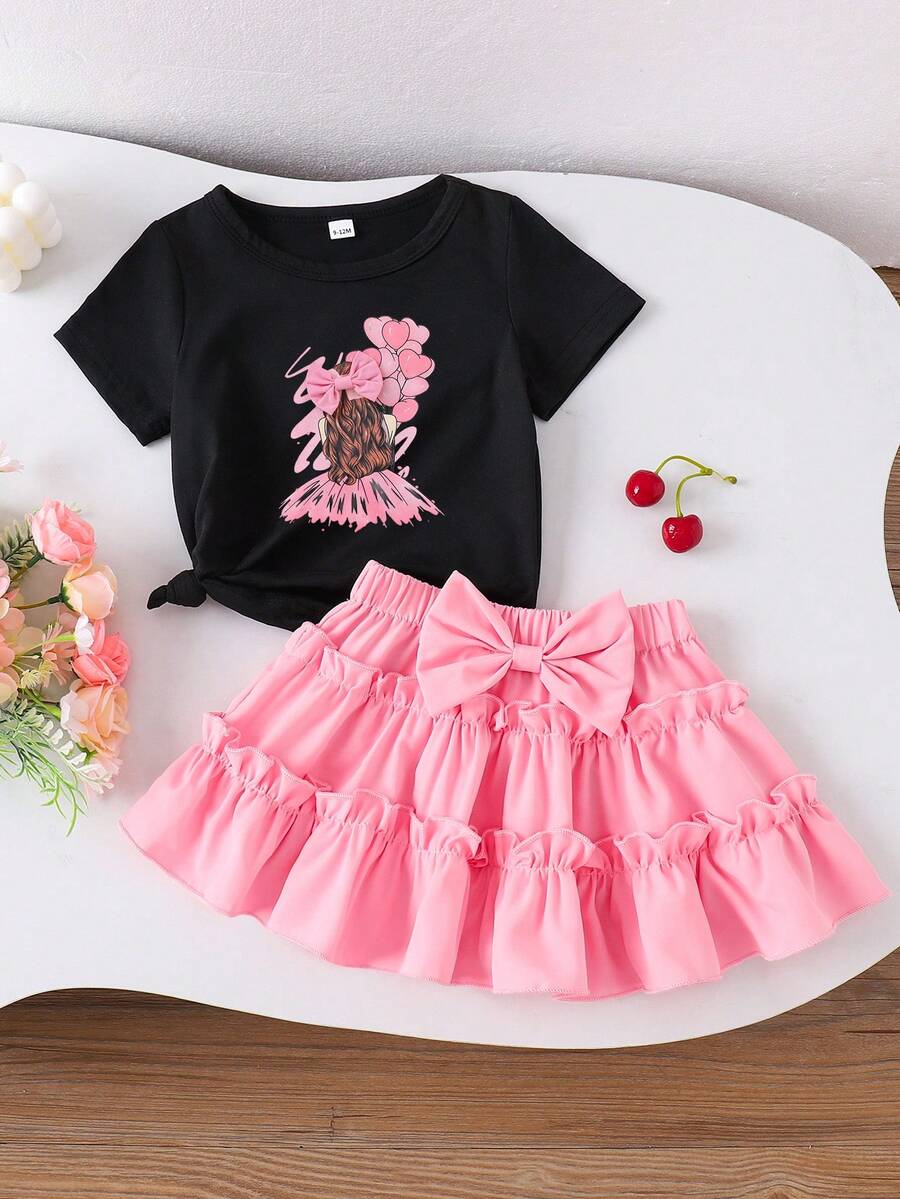 女婴甜美芭蕾舞爱心印花短袖上衣和荷叶边裙套装，春夏款