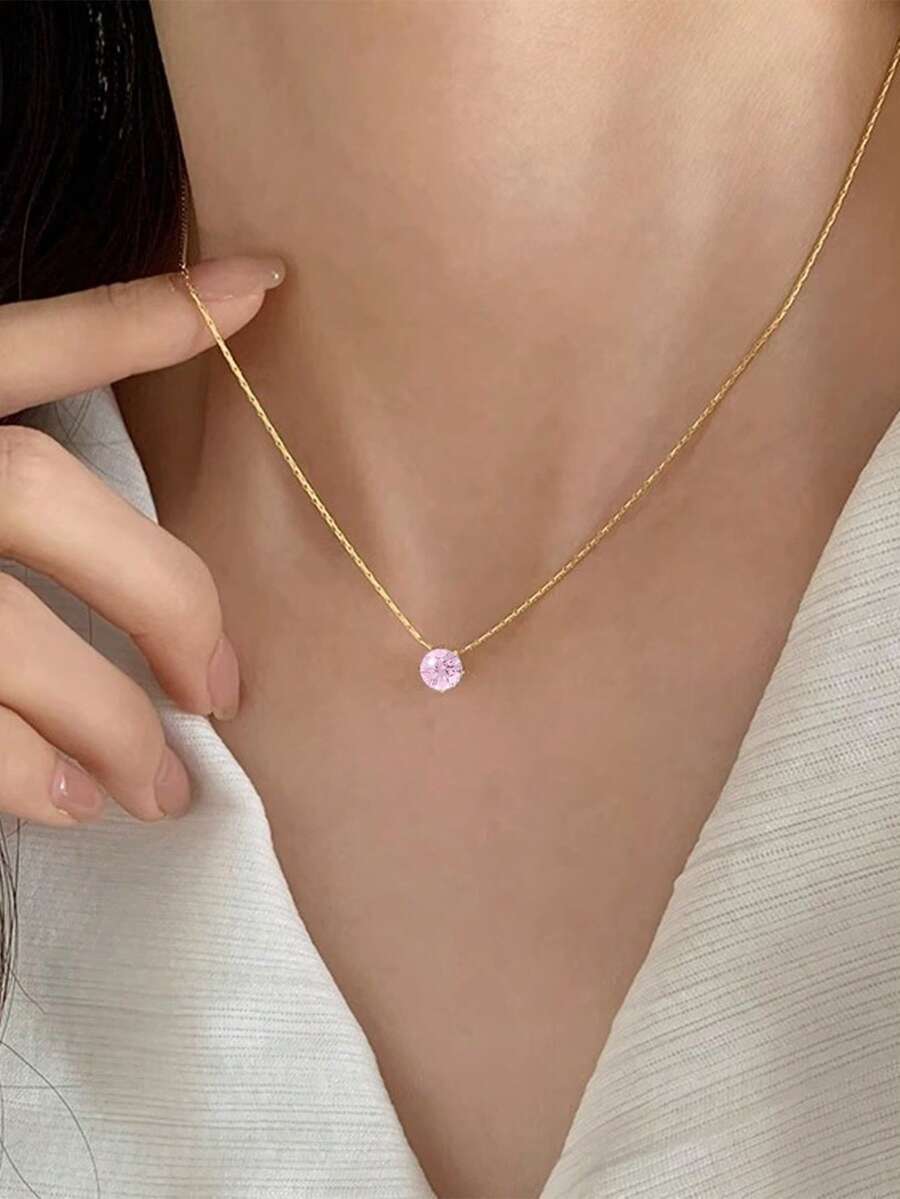 Women's Gold Minimalist Solitaire Cubic Zirconia Necklace - Dainty Daily Wear Jewelry - Gold - View 1