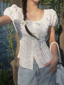 Sweet Round Neck Bow Tie Waist Ruffle Short Sleeve Blouse For Women White Summer - White - View 6
