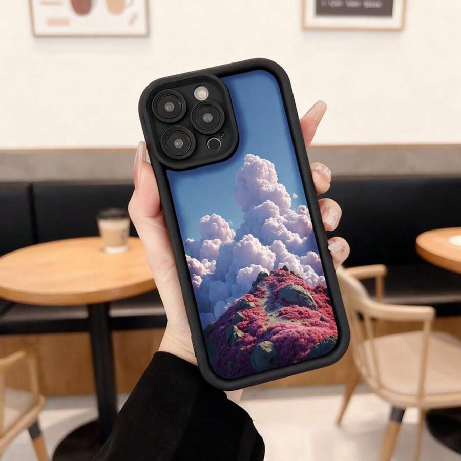 Cubierta de teléfono con borde negro diseño de montaña con nubes y flores rosadas para uso diario en cafeterías y espacios interiores,Aplicable a los teléfonos de la serie Apple y Galaxy - Burdeos - Ver 1