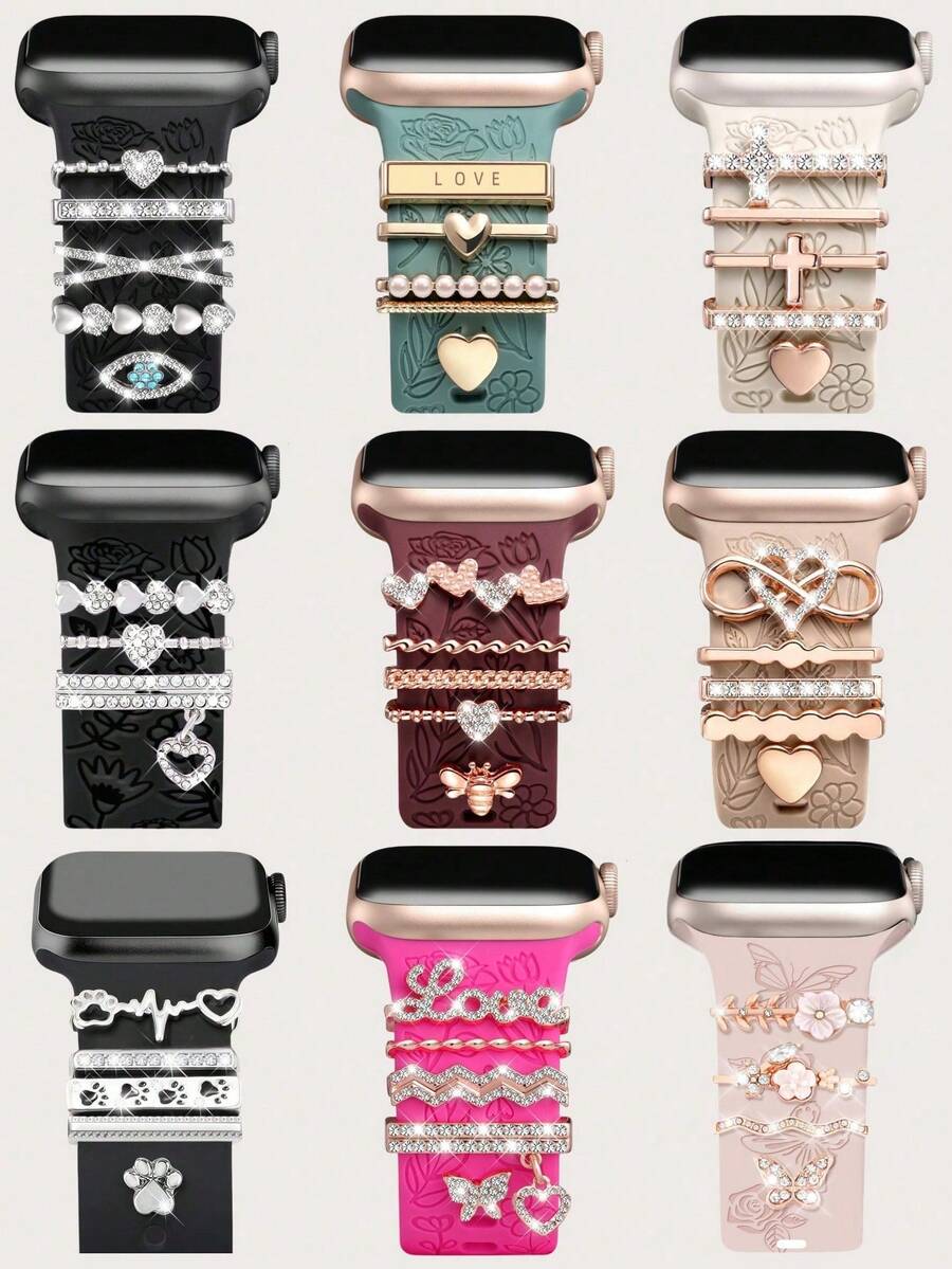 5/4/3pcs Metal Band Decor Rings Compatible With Apple Watch Band Charms 38mm 40mm 41mm 42mm 44mm 45mm 46mm 49mm, Gold Heart Cross Dog Paw Flower Diamond Rhinestone Silicone Band Accessories (Watch And Band Not Included) Ultra/Se/11/10/9/8/7/6/5/4/3/2/1, Compatible With Samsung - Multicolor - View 1