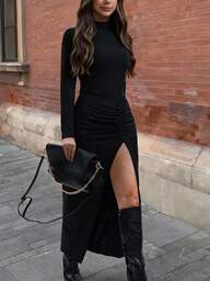 EARO Damska modna, seksowna, dopasowana sukienka z wysokim rozcięciem, amerykańska, swobodna, na co dzień, elastyczna talia, dopasowana, wąska talia, wysoka talia, sukienka o linii A