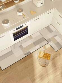 1 pieza Alfombra de gel de sílice para la cocina, patrón de patchwork a rayas simple, esquema de color en tonos beige, marrón claro y gris claro de baja saturación, efecto de cuadros geométricos, estilo minimalista fresco y suave, alfombra acolchada antifatiga para la cocina, material de superficie de tela, material absorbente de esponja en el medio, material de goma en la parte inferior, alfombra y alfombra de cocina fáciles de limpiar, grosor aproximado de 3,5 mm - Multicolor - Ver 2