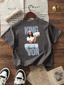 Camiseta de cuello redondo de manga corta con estampado informal para niños preadolescentes, top de verano - Gris Oscuro - Ver 3