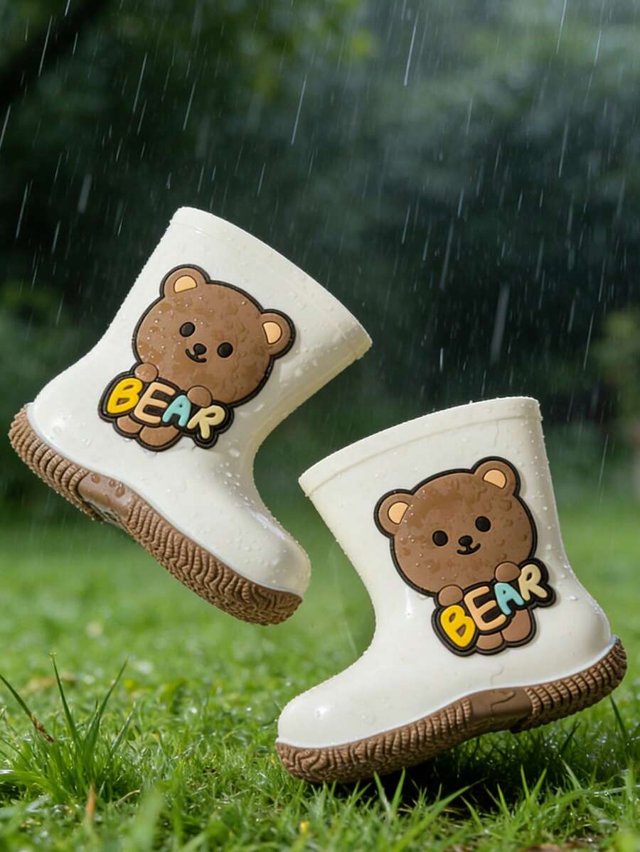 1双可爱小熊造型柔软舒适波浪底儿童雨靴，男女童均适用 - 白色 - 查看 1