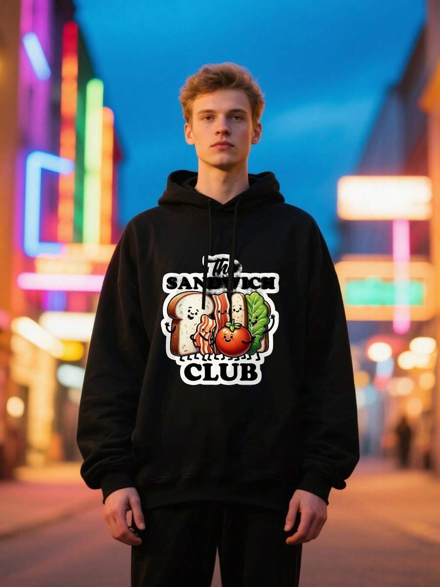 Men's Outdoor Sweatshirt, New Fall-Winter 2026 Collection, Men's Black Heavyweight Hooded Sweatshirt With Sandwich Club Cartoon Graphic Print - Thick Warm Pullover, Loose Fit Streetwear Casual Hoodie, Machine Washable For Everyday Comfort & Statement Outfits, Urban Style, Lounge Wear,  Pullover, Soft, Comfortable Clothing For Everyday Wear, Fashion And Outdoor Activities - 黑色 - 查看 1