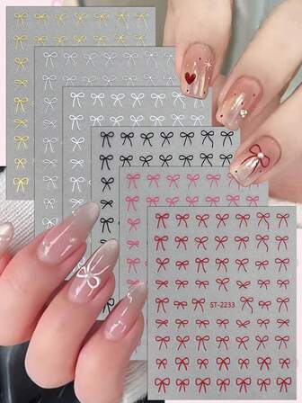 3/6/12 st. rosettklistermärken med nagelkonst, söt banddesign, lämplig för koreanska gelénaglar, finns i guld, silver, svart, rosa, rött