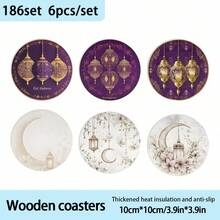 1 set/6 piezas Juego de posavasos de madera con diseño de media luna y farol - Diseño floral elegante, adecuado para decoración de mesa, fiestas, cafés y cocinas, decoración islámica del hogar, posavasos redondos de madera para la cocina, mesa de comedor, reuniones y cafés - Posavasos de madera - Ver 10