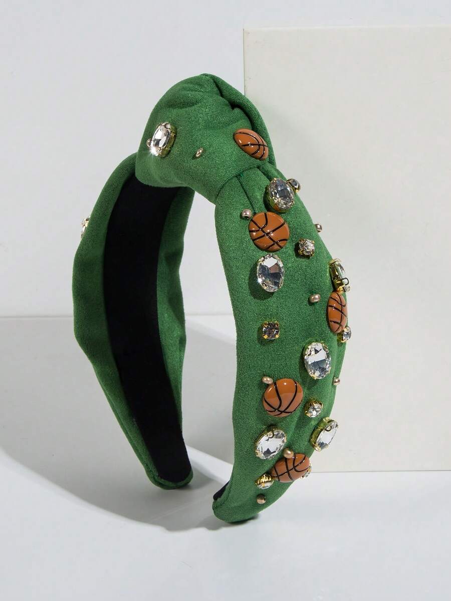 1pc Solid Color Velvet Knotted High Crown Fashionable Sports Style Headband, Handmade Beaded Jeweled Basketball Accessory Decoration Head Accessories - Green - View 1