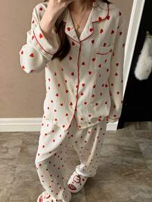 两件套心形印花长袖睡衣，带纹理翻领开衫，春夏家居服 - 粉色 - 查看 4