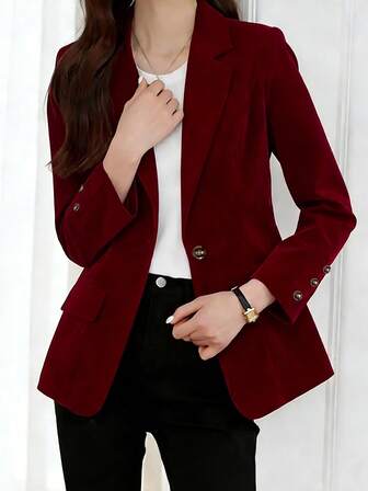 2026 New Arrival Commute/Casual/Light Date Women's Solid Burgundy Velvet Blazer: Long Sleeve With Button Cuffs, Single-Breasted Design, Blazer Lapel, Casual Jacket