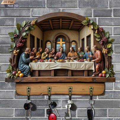 2D Flat, One-Piece, The Last Supper Themed Wooden Multifunctional Key Holder With 4 Metal Hooks, Wall Decor, Entryway Decor, Room Decor, Villa Decor, Home Decor For All Seasons