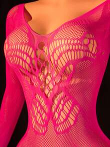 1pc Women's Sexy Lingerie Fishnet Bodystocking,Crotchless Bodysuit,Butterfly Pattern Hollow See-Throug Long Sleeves,Slim Bikini Cover-Up,Sexy Party Role Play Costume Valentine's Day - Rose Red - View 5