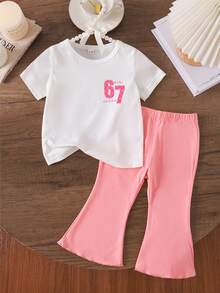 女婴时尚甜美数字67印花短袖上衣和喇叭裤套装，春秋季 - 白色 - 查看 2