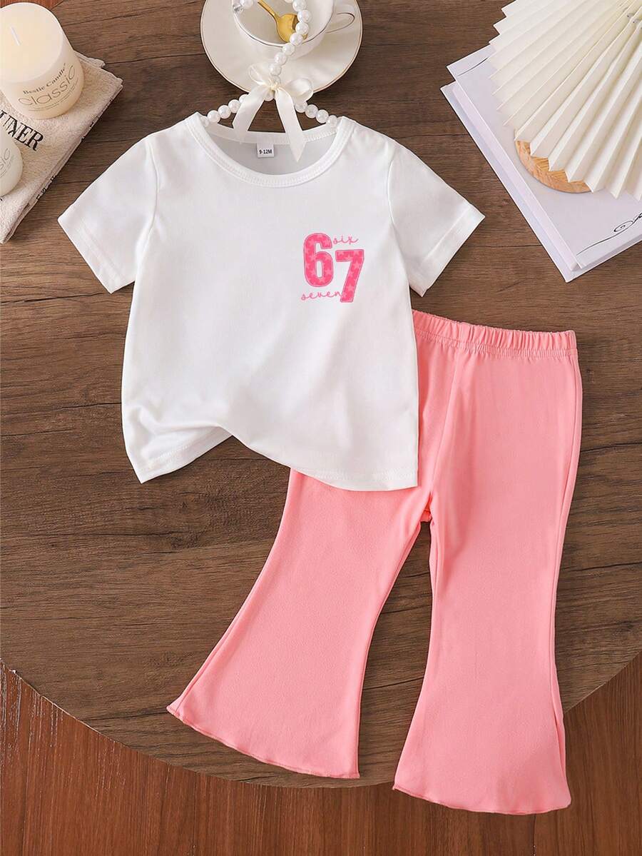 女婴时尚甜美数字67印花短袖上衣和喇叭裤套装，春秋季