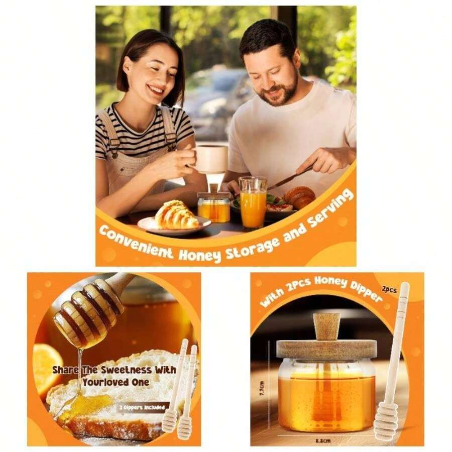 Honey Pot With Dipper And Lid - 12 Oz Glass Honey Jar With Wooden Honey Dippers Stick Set, Elegant Wave Shaped Wide Mouth Honey Containers - Syrup Dispenser Home Kitchen - Clear Waves - View 1
