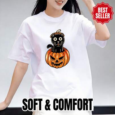 Camiseta de punto acanalado suave con diseño de gato en calabaza de Halloween para chica limpia, trabajo, fin de semana, casual