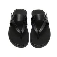 纯色交叉绑带夏季男士沙滩人字拖，印花沙滩/户外/休闲拖鞋，适合沙滩、度假、户外活动、所有季节 - 黑色 - 查看 6