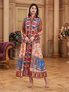 Ramadan Middle Eastern Ramadan Long Robe V-Neck Long Sleeve Dress, Print For Daily, Festival, Party Wear - Red - View 2