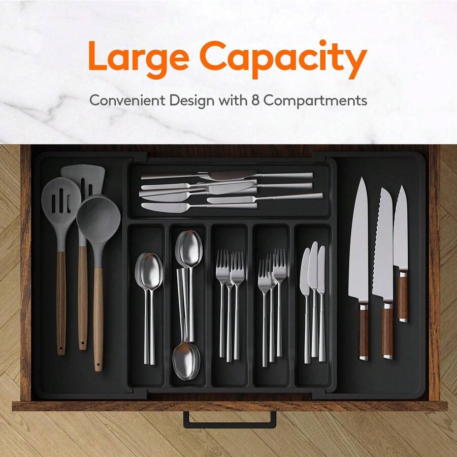 Expandable Kitchen Utensil Drawer Organizer - Adjustable Cutlery And Silverware Rack With Knife Storage, Durable Plastic Scraper And Small Tool Organizer, Space Saving Design For Knives, Spoons, Forks, Spatulas, Whisks And More, Kitchen Drawer Organi - màu đen - Xem 1