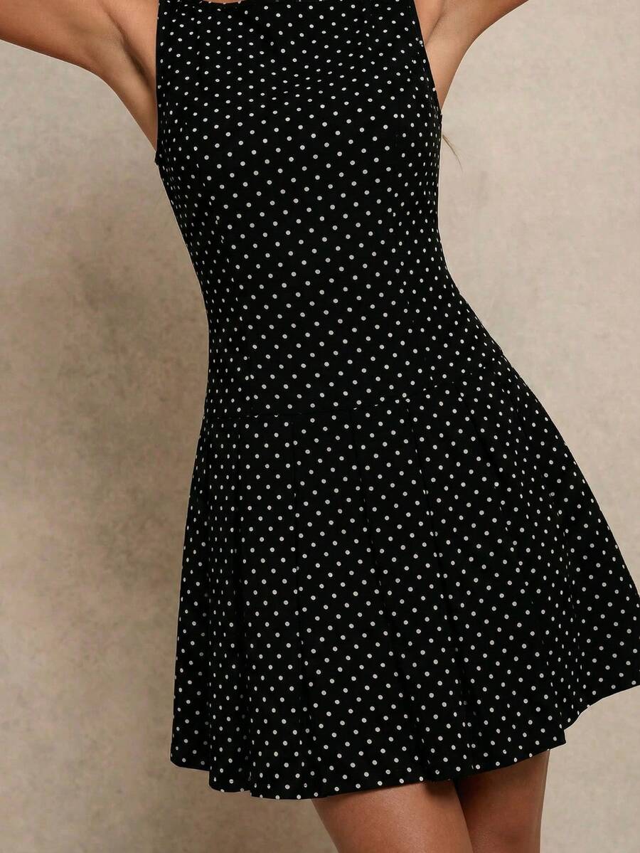 New Sexy Polka Dot Print Casual Dress, Suitable For Daily, Party, Vacation, Elegant, Charming, Versatile For Formal, Casual, Outdoor, Street, Airport, Commute, Romantic Beach, Evening Date - Black and White - View 1