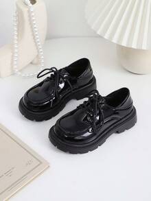 1 Pair Versatile Leather Dress Shoes, Simple Lace-Up Design, PU Leather Matte Finish, Round Toe, Casual British Style, Suitable For 5-15 Years Old Students, School, Ceremony, Daily Casual Wear, Spring/Summer New Arrival - Black - View 2