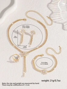 Bộ trang sức 5 món thời trang hình hoa 3D đính đá Cubic Zirconia, bao gồm dây chuyền, bông tai, nhẫn và vòng tay, thích hợp cho phụ nữ trong các dịp cưới hỏi, sinh nhật, lễ hội, tiệc tùng và du lịch, ngày Valentine. - Bạc - Xem 4