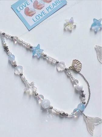 תליון קונכייה בסגנון בת ים נסיכת בת ים בסגנון אינספורד, טלפון נייד, מצלמה ורצועת אלבום, שרשרת חרוזים DIY, מתנות לאמא, משפחה, חברים, יום הולדת, קמע טלפון לחג, שרשרת טלפון