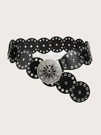 1pc Bohemian Vintage Patchwork Coffee Color Women's Belt, Casual Fashion Punk Silver Rivet Hollow Buckle Patchwork Belt, Women's Fashion Accessory Belt, Suitable For Pants, Dresses, Casual Wear, Suitable For Casual Outings, Parties, Shopping, Dates, Campus, Street, Music Festivals, Beach, Vacation