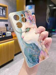 1pc Pink Flower & White Cat Printed Shockproof Phone Case, Compatible With Samsung/Galaxy/Infinix/Redmi/OPPO/VIVO/Realme Android Models - Beige - View 6