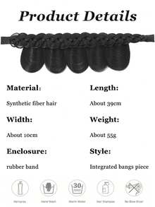 卷曲蓬松编织发带，三股合成发带刘海接发，假发刘海，两侧较长，适合女性，自然黑色假刘海，时尚粗BB夹粘贴式编织发带，16英寸 - 黑色 - 查看 2