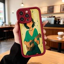 Funda para telefono con borde negro y diseño de mujer tocando ukelele en color verde con notas musicales para uso diario en cafeterias y espacios urbanos,Aplicable a los teléfonos de la serie Apple y Galaxy - Café integral - Ver 5