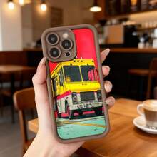 Cubierta de telefono con borde negro y diseño de camion amarillo sobre fondo rojo y azul para uso diario en cafeterias y espacios urbanos,Aplicable a los teléfonos de la serie Apple y Galaxy - Burdeos - Ver 5
