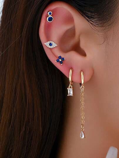 5pcs/Set Shiny Floral Tassel Eye Design Earrings Set For Women