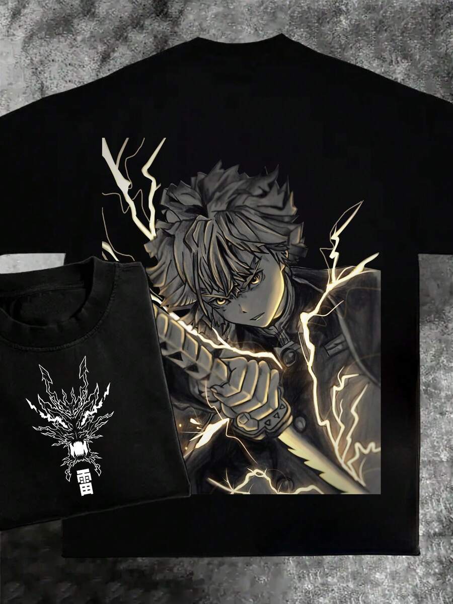 Pure Cotton Men's Anime T-Shirt With Lightning Warrior Design For Otaku Fans Geek Style Fashionable Streetwear  Graphic Tee Cool Anime Lover Casual Wear Groove Inspired Look Modern Urban Outfit Comfortable Fit Daily Wear - 黑色 - 查看 1